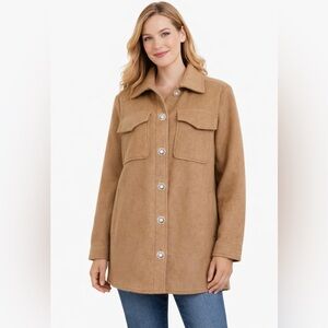 NEW! Express Oversized Boucle Shacket Embellished Crystal Buttons Tan Brown SZ M